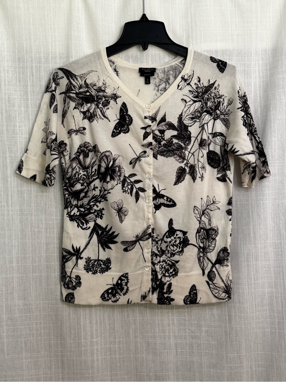 Talbots Black White Butterfly Etched Toile V Neck Cardigan Knit Sweater Size M